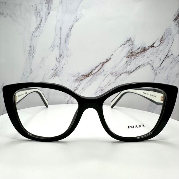 New PRADA Eyeglasses Cat Eye Black White Gold 53-17-140 Womens